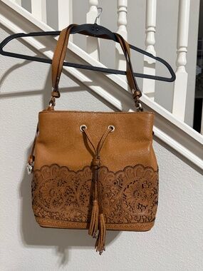 Brighton Leather Bucket Bag in the Clementine Lace and Clover design